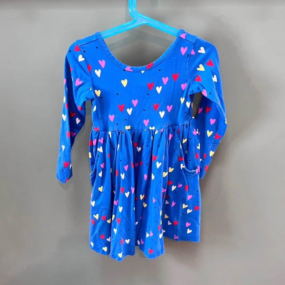 Hanna Andersson Blue Hearts Dress‎ Size 4 Long Sleeve Pockets